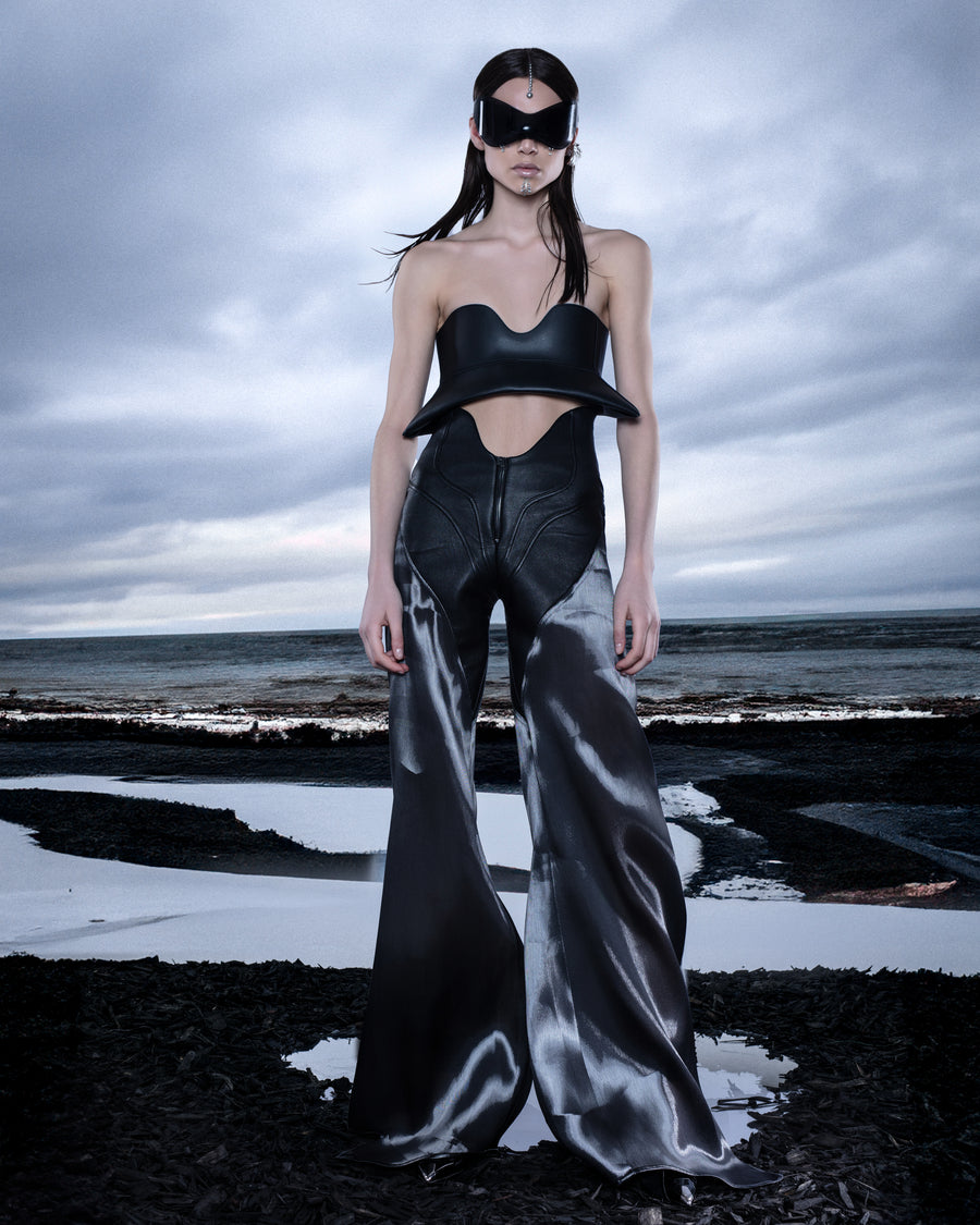 GUN METAL ORGANZA PANT WITH LEATHER WAISTBAND
